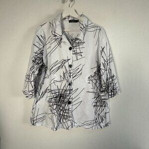 Creation Womens White & Black Abstract Print Button-Up Shirt Large 3/4 Sleeve
